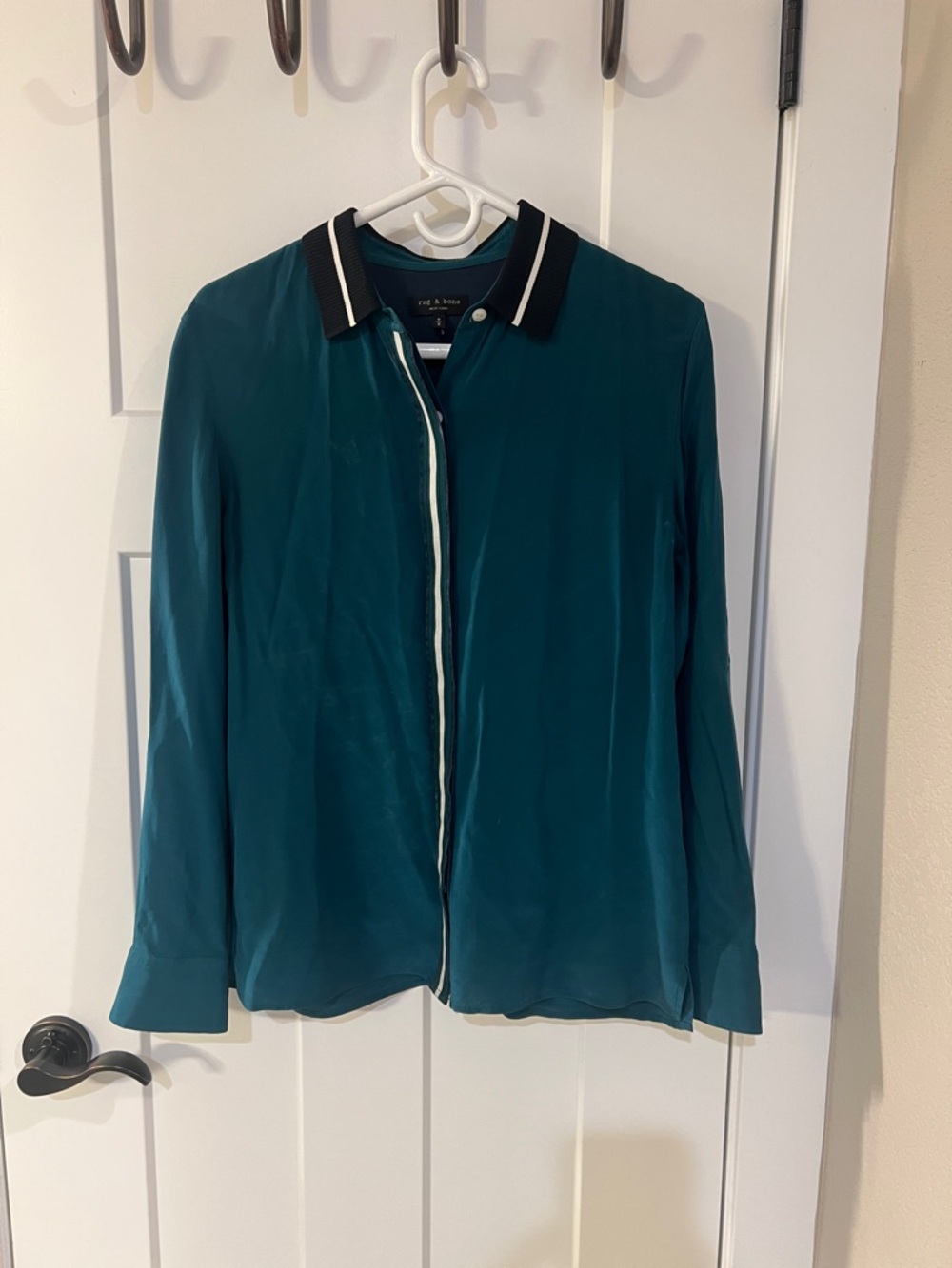 rag & bone Teal Button-Up Blouse with Black Contrast Collar